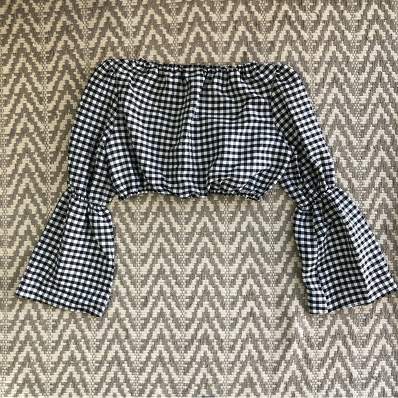 Topshop black and white gingham flute sleeve cropped top size - Picture 11 of 13